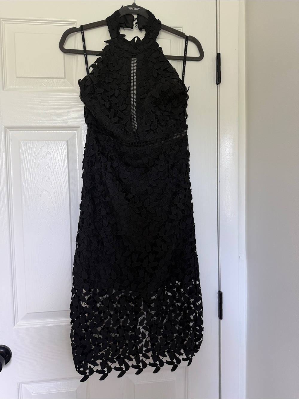 Bardot Black Floral Lace Halter Midi Dress with Sheer Hem